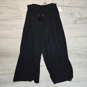 Chelsea Black Lounge Cover Up Pants Womens Medium Elastic Waist Flowy Open Front